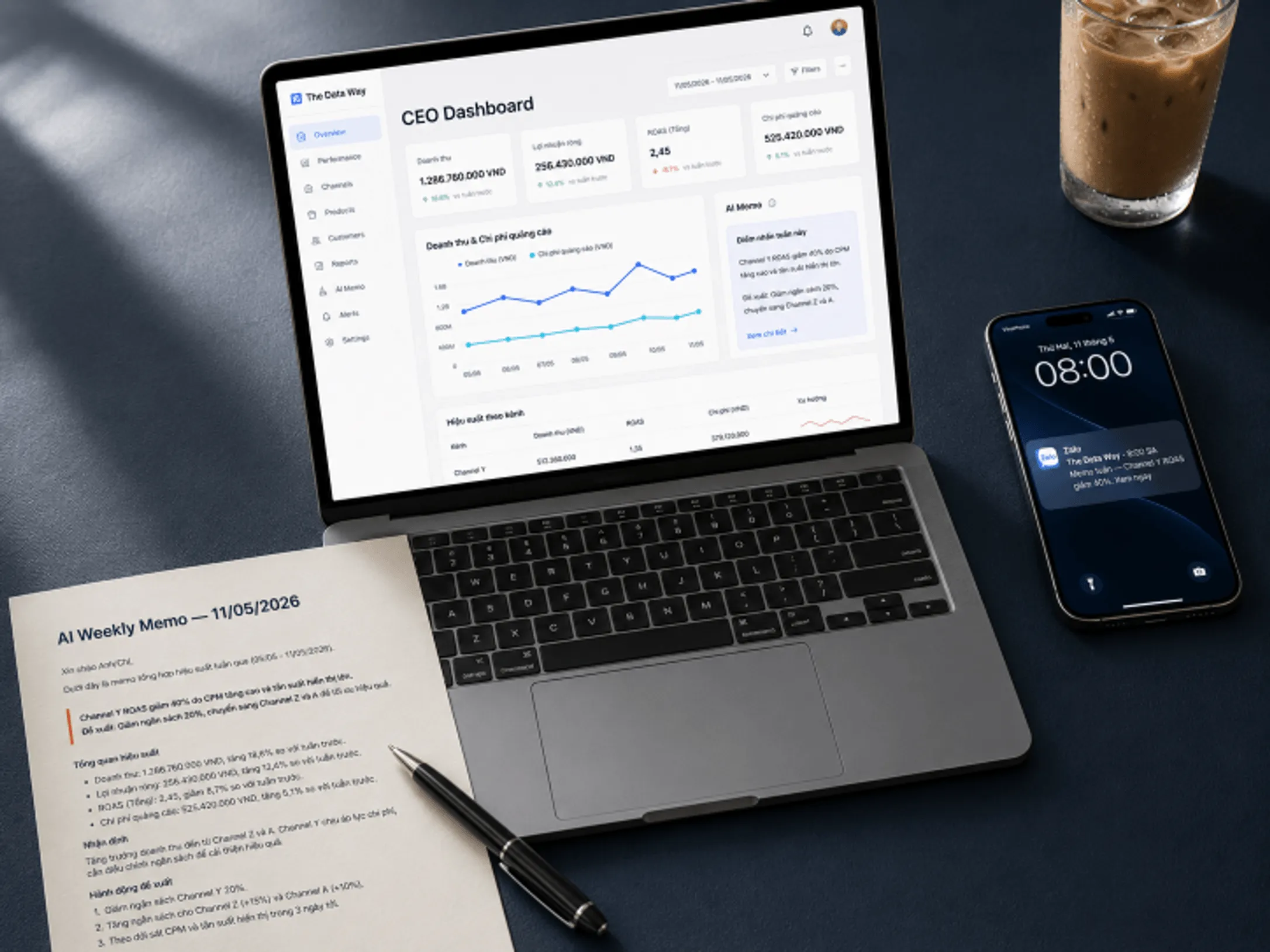 Sáng thứ Hai - phone với Zalo alert + laptop với CEO dashboard + memo PDF in trên bàn