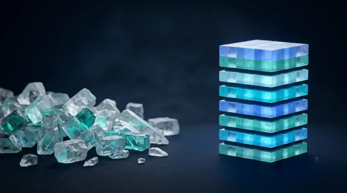 Các khối lộn xộn bên trái biến thành các lớp xếp gọn sáng bên phải, ẩn dụ sự kiện thô thành bảng sạch