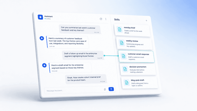 Mockup Cowork mode của series Claude, chat panel + Skill stack