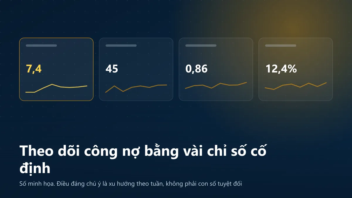 Bốn ô chỉ số công nợ trên một dashboard, mỗi ô kèm đường xu hướng theo tuần (số minh họa)