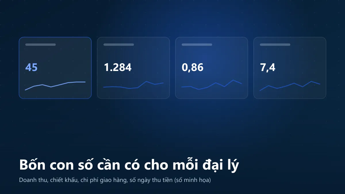 Bốn ô chỉ số cho một đại lý: doanh thu, chiết khấu, chi phí giao hàng và số ngày thu tiền (số minh họa)